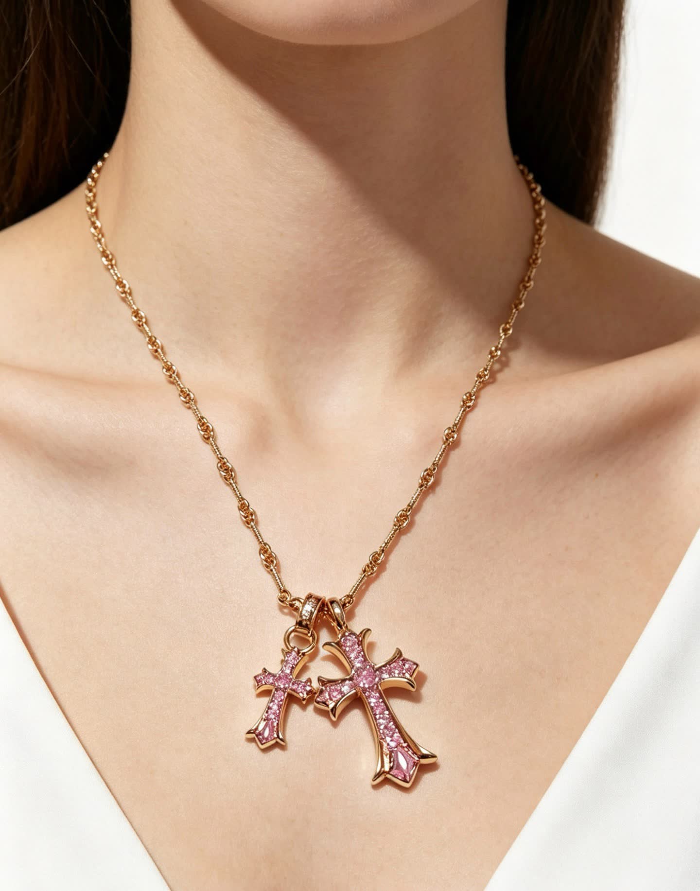 Chrome Hearts Gold Cross Pendant Necklace with Pink Stones